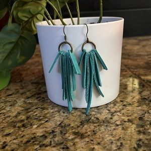 Handmade teal leather fringe earrings